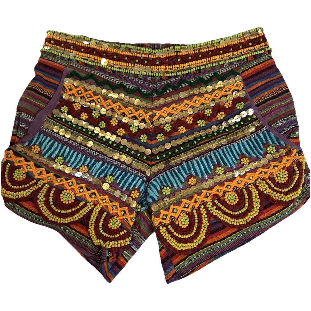 Raga Anthro Beaded Shorts Sequin Stripe Floral Scallop High Waist India Sz XS